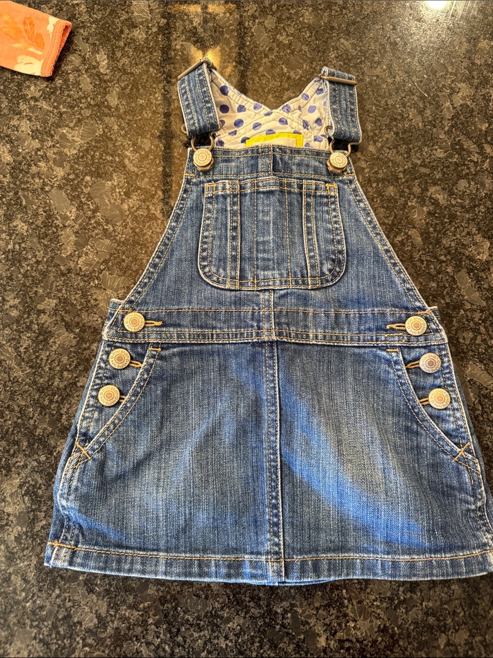 Mini Boden Blue Denim Overall Skirt with Polka Dot Lining